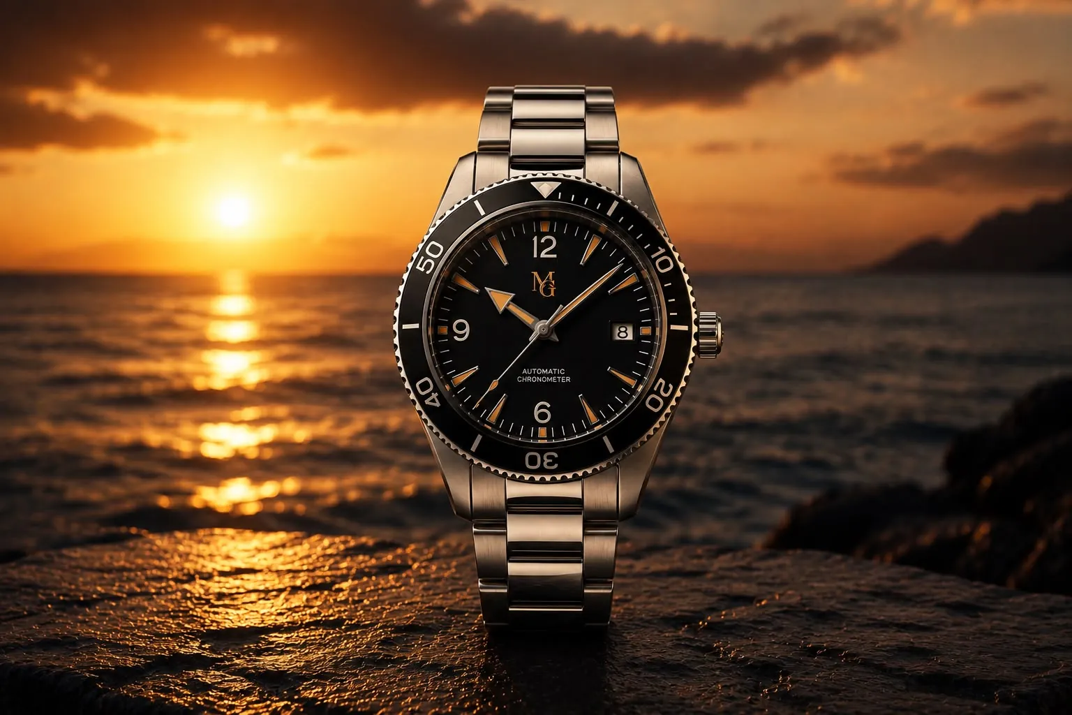 Une montre au bracelet métallique posée sur un rocher, face à la mer, au coucher du soleil.