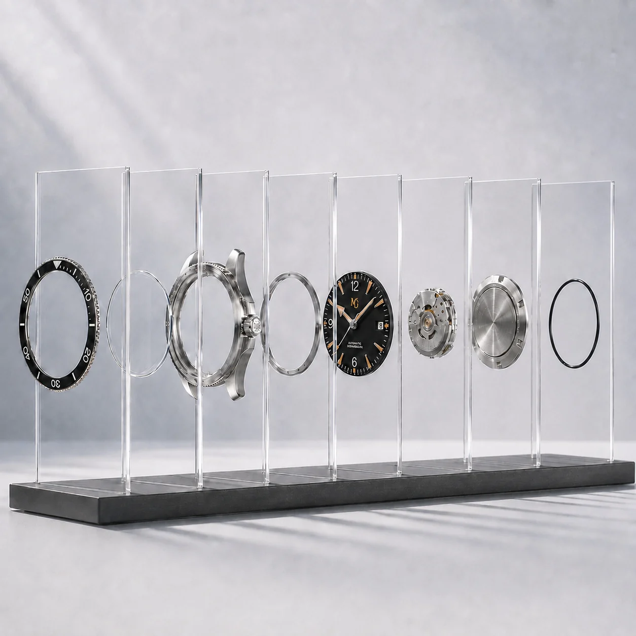 Les éléments de la montre présentés côte à côte dans des plaques transparentes : lunette, verre, boîtier, joint, cadran, mouvement, fond.