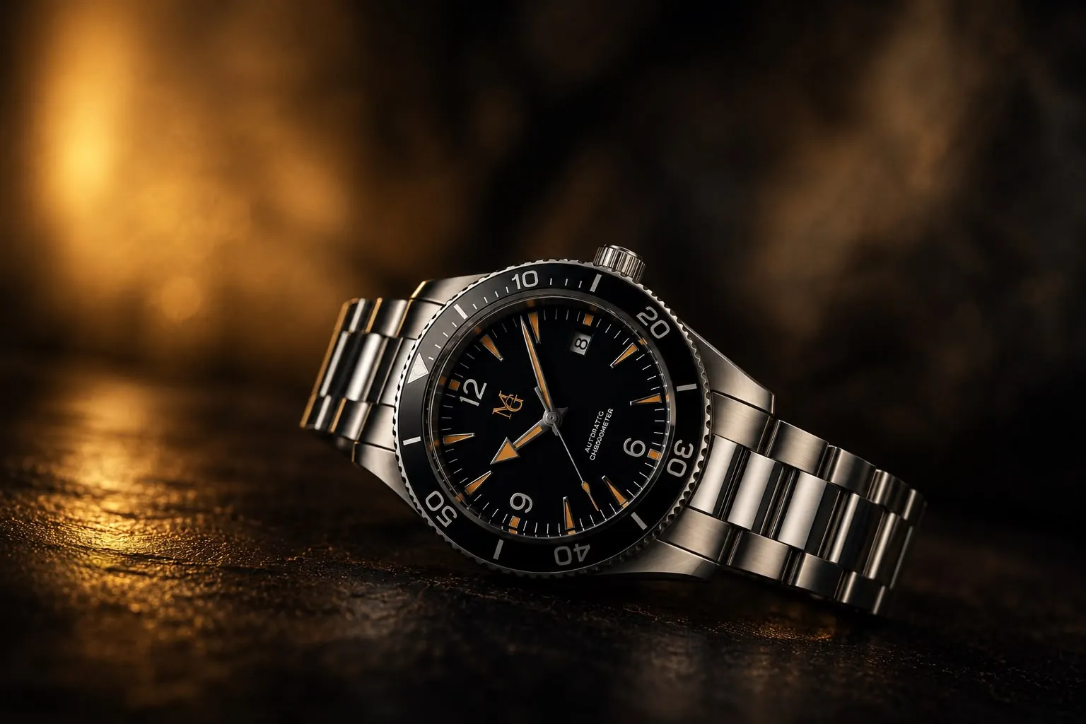 Une montre posée sur une surface sombre, dans une lumière chaude.