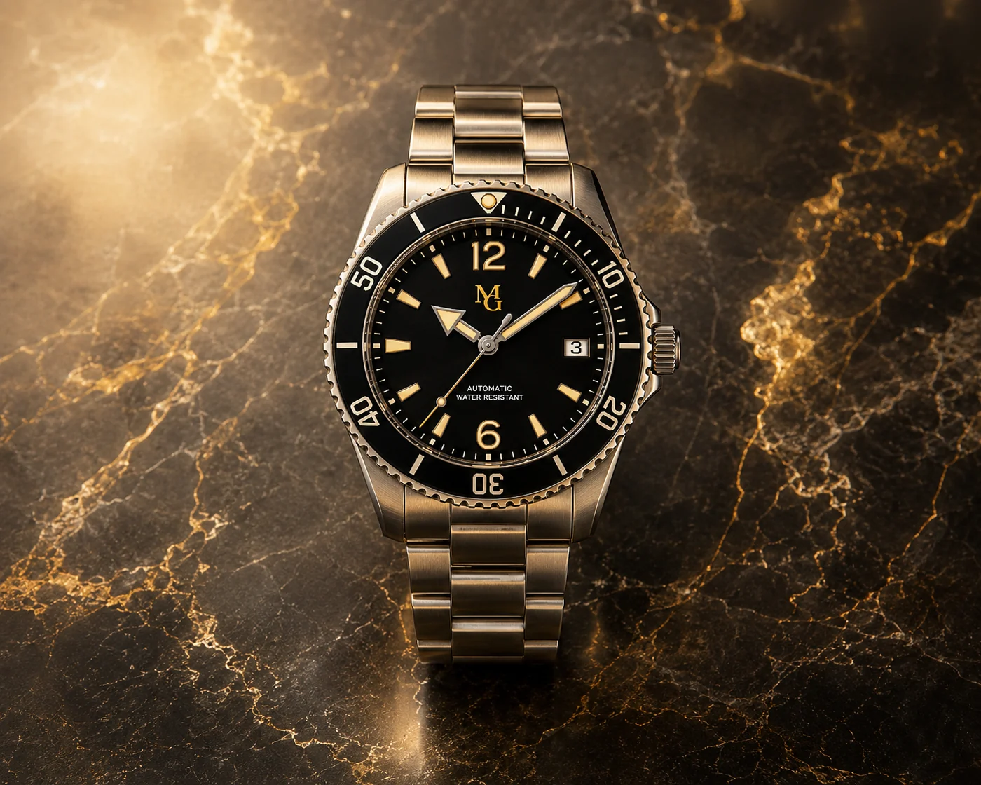 La montre MG sur un fond de marbre noir veiné d’or : boîtier et bracelet en acier, lunette tournante noire, cadran noir aux index dorés.