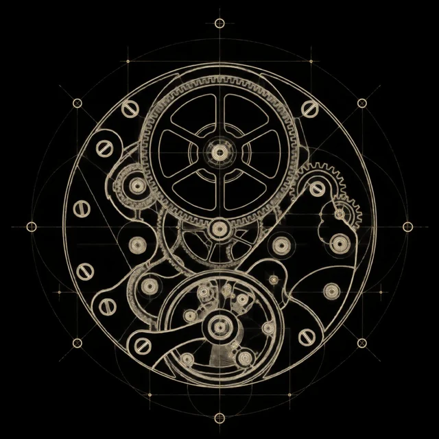 Épure dorée sur fond noir d’un mouvement mécanique : roues, vis, balancier et lignes de construction.